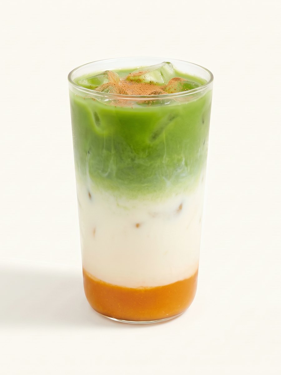 Pumpkin spice matcha latte helado en vaso alto, con capa de matcha y canela espolvoreada